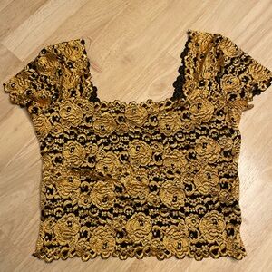 Floral Metallic Yellow and Black Crop Top